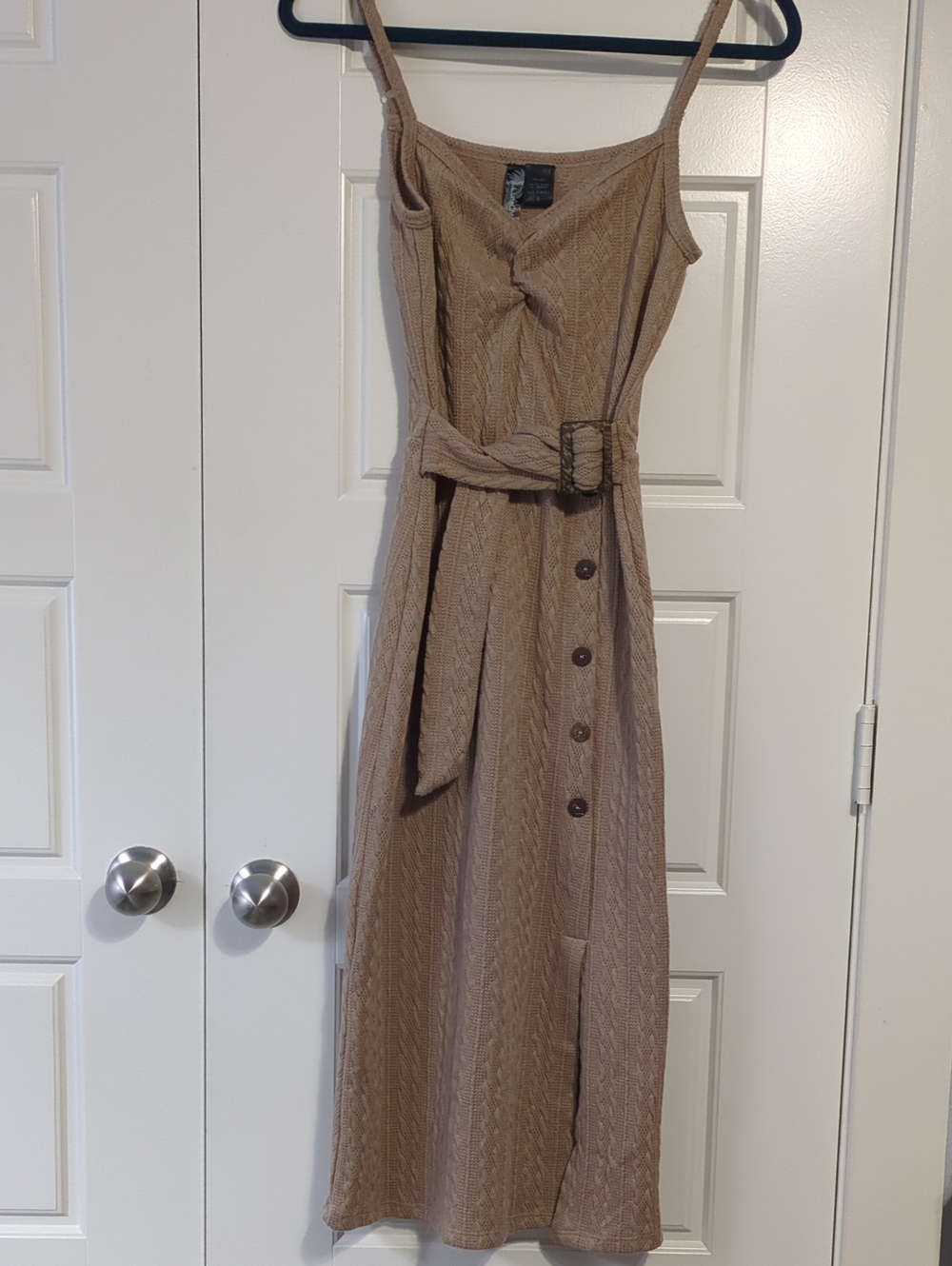 Sleeveless Tan Belted Midi Dress with Button Front